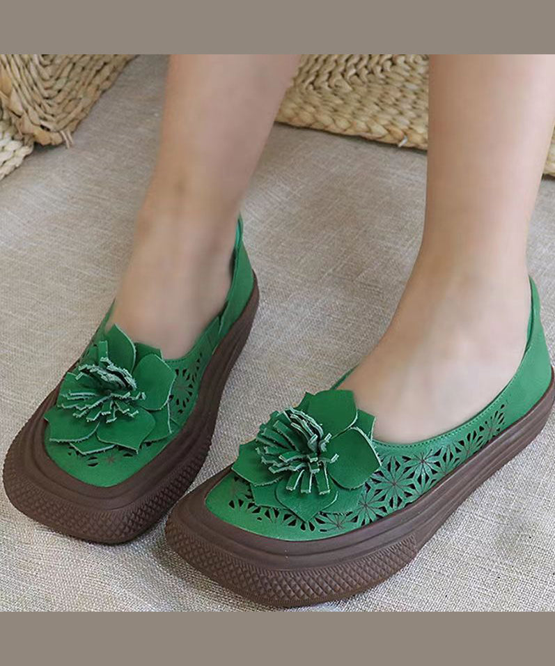 Handmade Hollow Out Green Cowhide Leather Flats Shoes