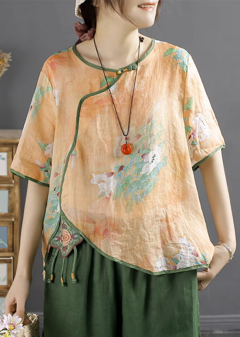 Natural Blue Embroideried Patchwork Print Linen Shirt Summer