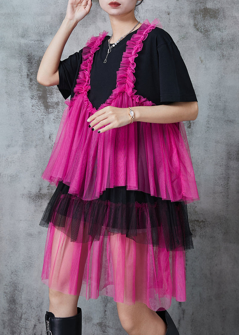 Black Oversized Patchwork Layered Tulle Vacation Dress Summer