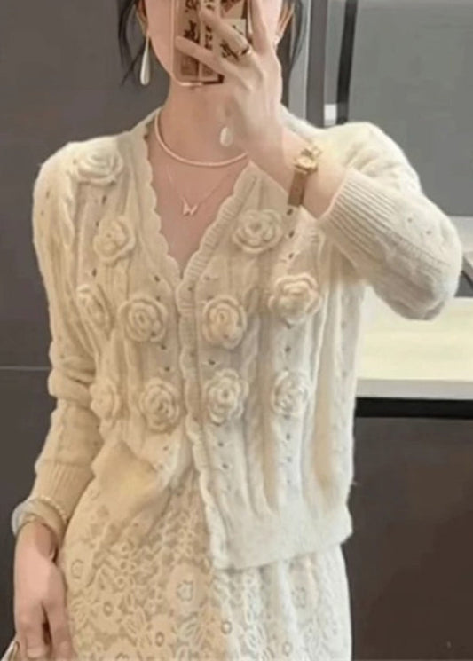Beige V Neck Hollow Out Knit Cardigans Winter