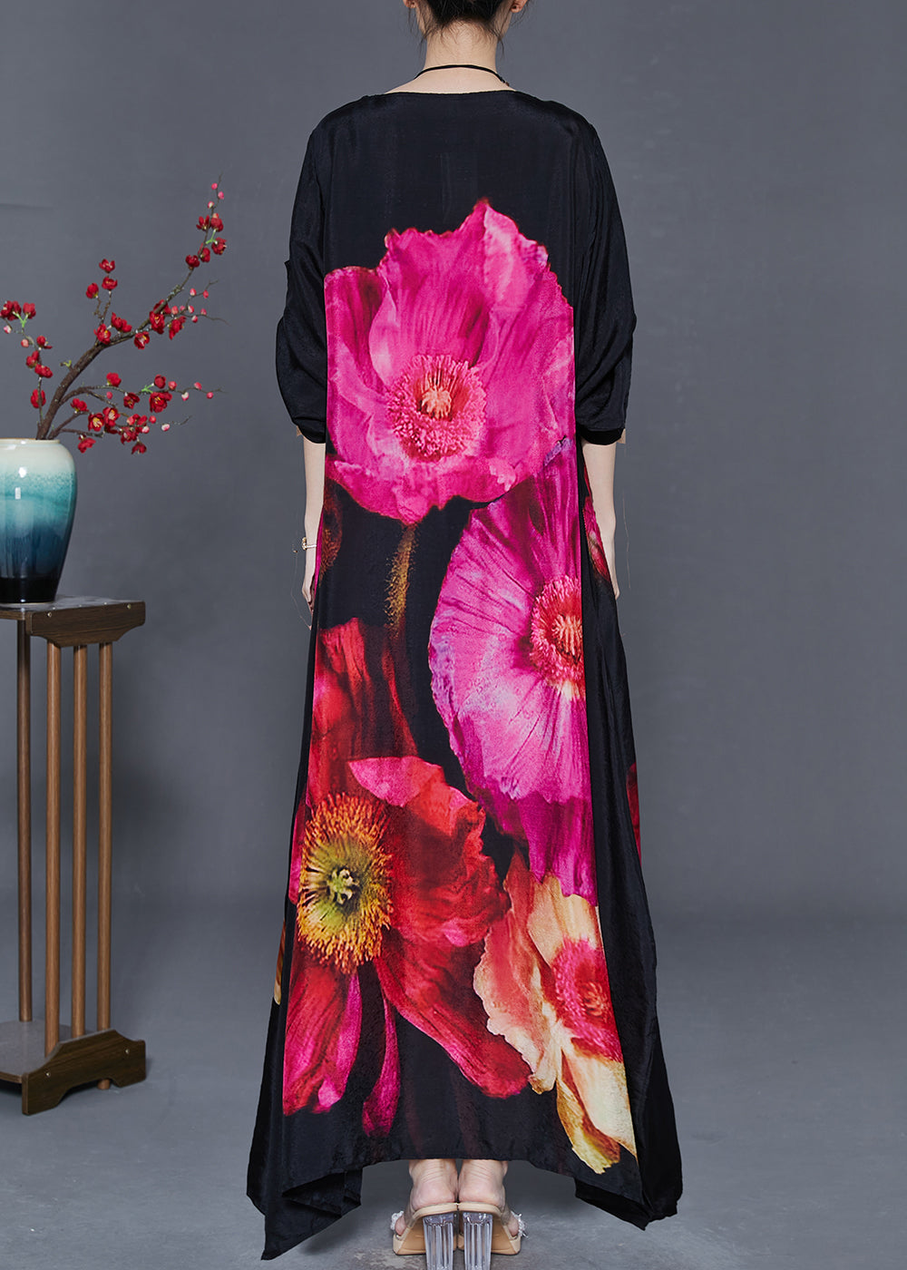 Black Oversized Print Cotton Holiday Dress Summer
