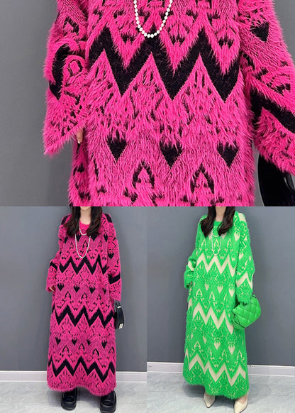 Rose O Neck Teddy Patchwork Knit Long Dress Fall