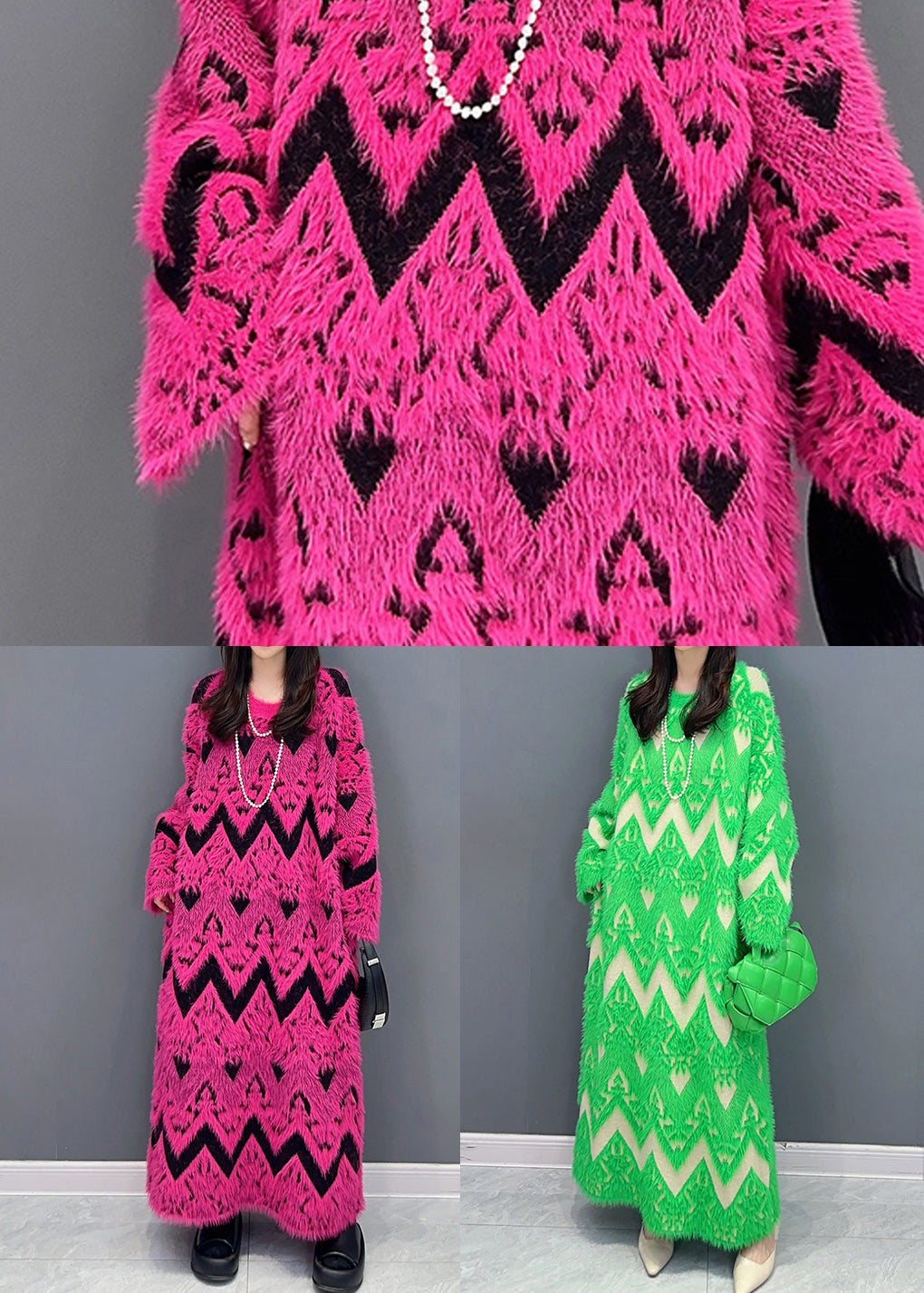 Rose O Neck Teddy Patchwork Knit Long Dress Fall