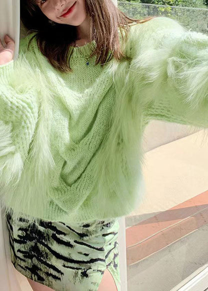Green O Neck Raccoon Fur Patchwork Knit Pullover Lantern Sleeve