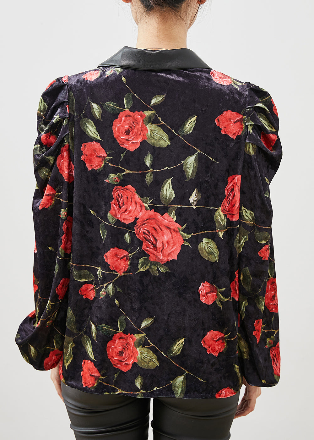 French Black Double Breast Velour Coats Puff Sleeve