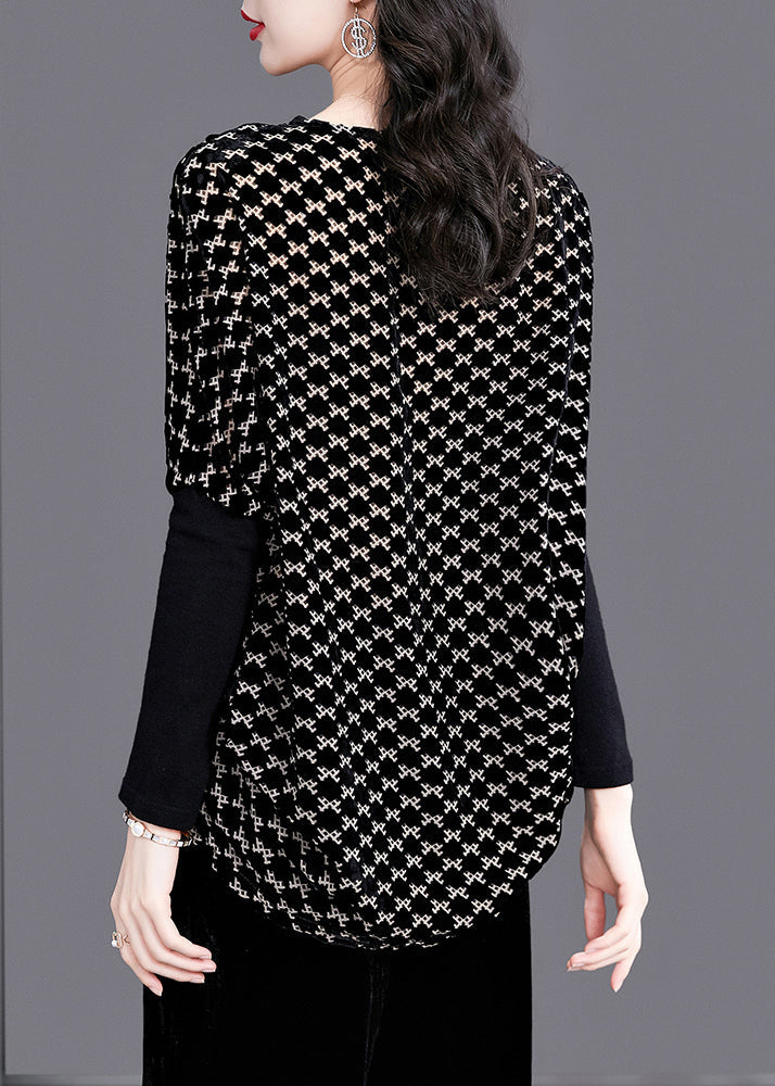 Black V Neck Plaid Patchwork Velour Tops Long Sleeve