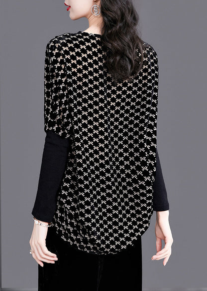 Black V Neck Plaid Patchwork Velour Tops Long Sleeve