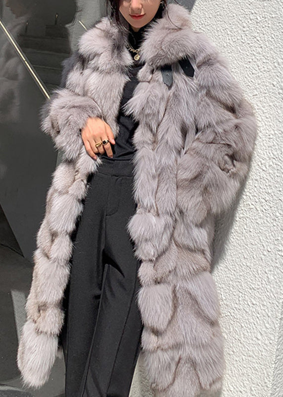 Coffee Fox Collar Pockets Leather and Fur Long Coats Winter