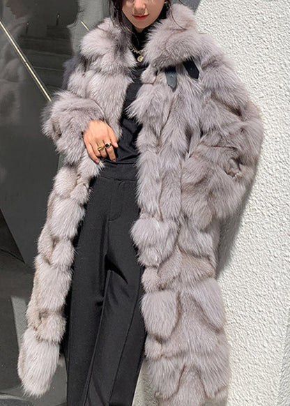 Coffee Fox Collar Pockets Leather and Fur Long Coats Winter