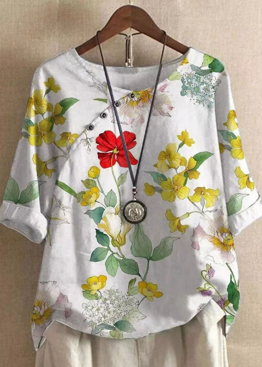 Diy Green O Neck Print Patchwork Cotton T Shirts Tops Summer