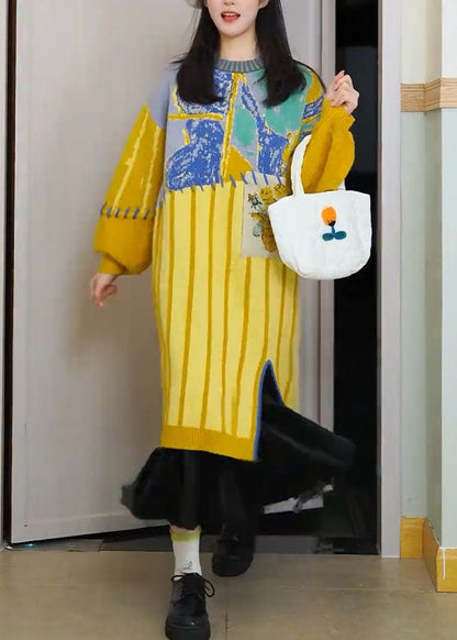 Yellow O-neck Striped Cotton Knit Maxi Dress Long Sleeve