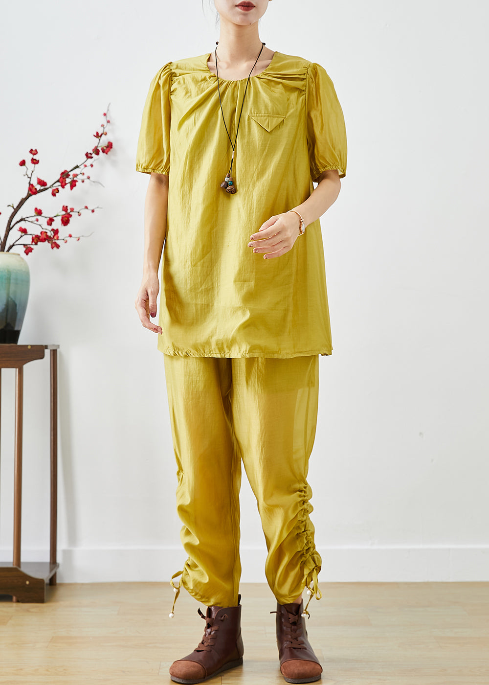 Yellow O-neck Wrinkled Silk 2 Piece Outfit Summer