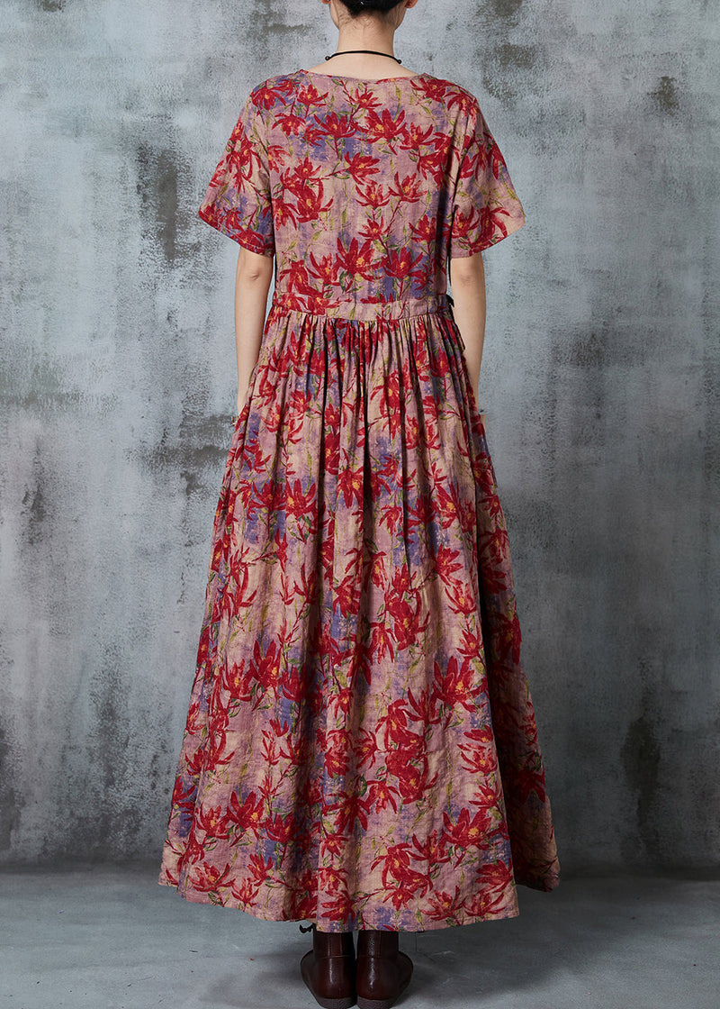 Maple Leaves Print Linen Cinched Dress Summer
