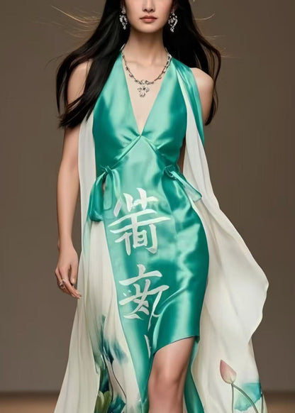 Lake Green Asymmetrical Patchwork Silk Vacation Dresses Summer