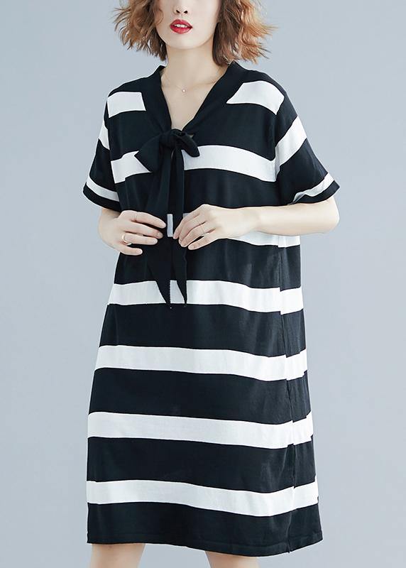 French Black White Wide Striped Cotton Bow Summer Dress