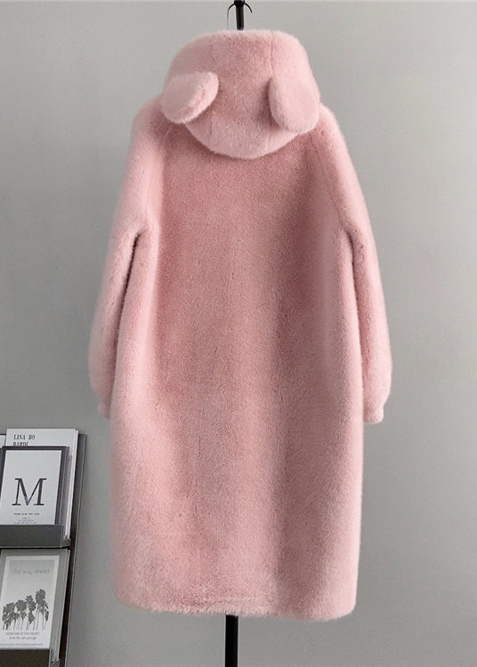 Pink Hooded Pockets Mink Cashmere Coats Winter