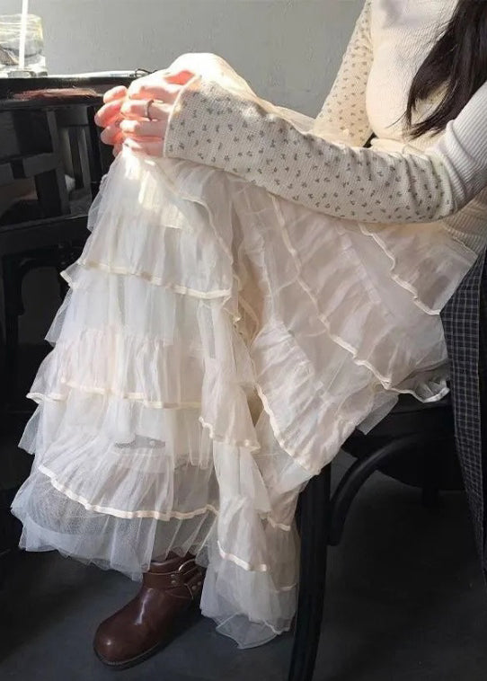 Italian Beige Layered Elastic Waist Tulle Skirts Summer