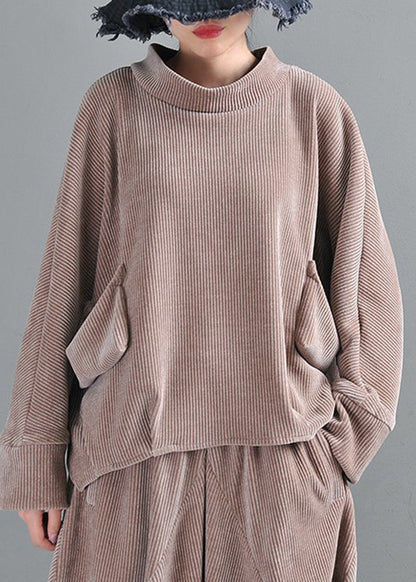 Grey Camel Turtleneck Pockets Velour Top Long Sleeve