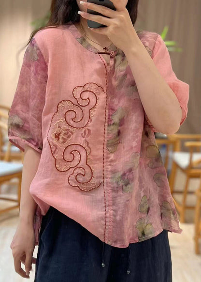 Blue Embroideried Print Patchwork Linen Tops Half Sleeve