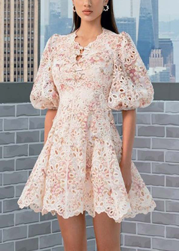 Embroidered Hollow Out Cotton Mid Dress Puff Sleeve