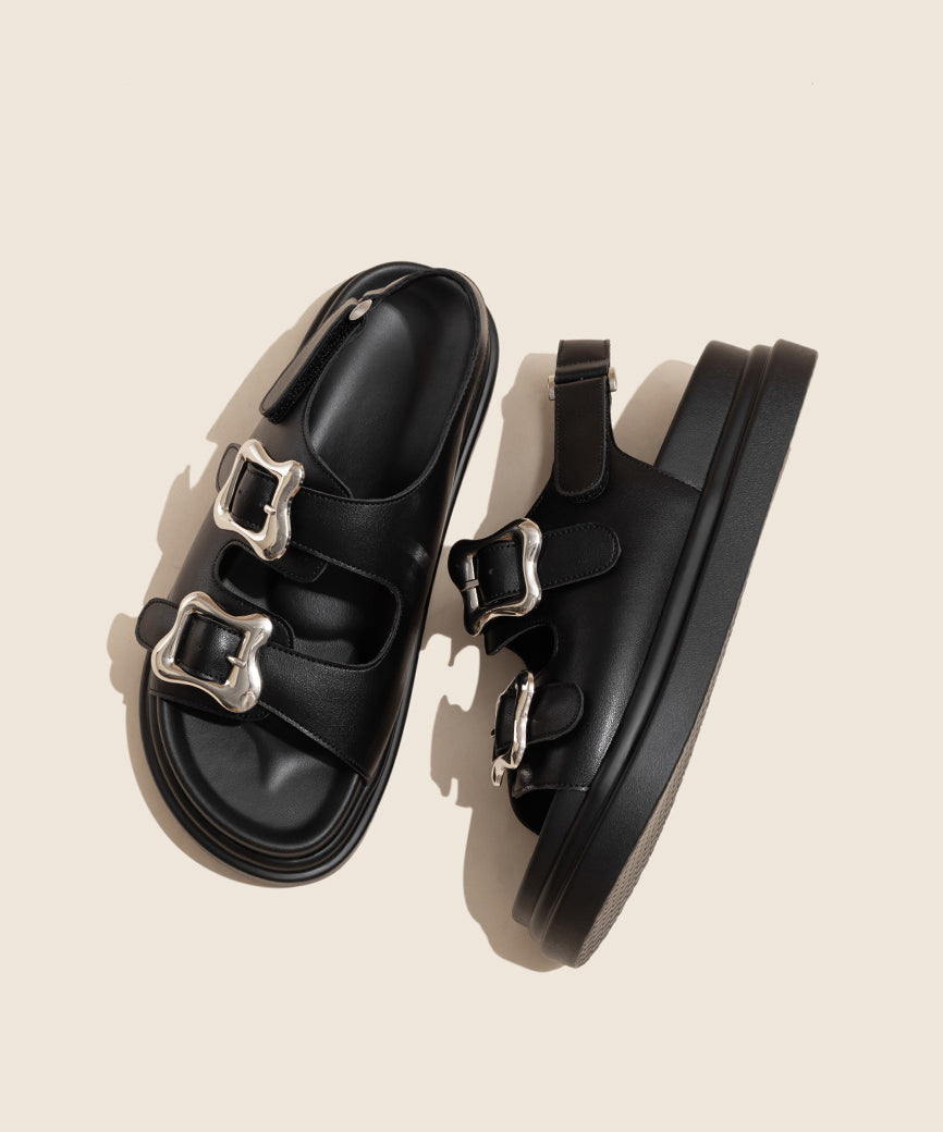 Black Buckle Strap Splicing Platform Slide Sandals