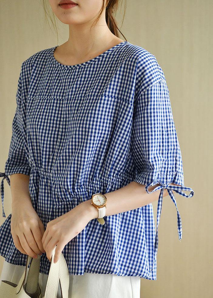 French Blue Plaid Patchwork Drawstring Summer Cotton Half Sleeve Blouse Top