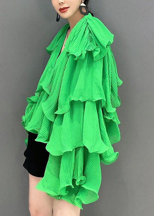 Green Asymmetrical Ruffled Patchwork Chiffon Tops Spring