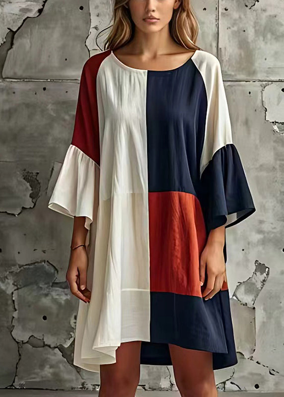 Colorblock Patchwork Cotton Beach Dress Flare Sleeve