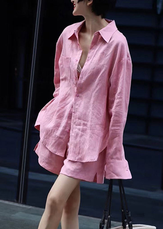 Modern Pink Button Shirts and Shorts Two Pieces Set Spring