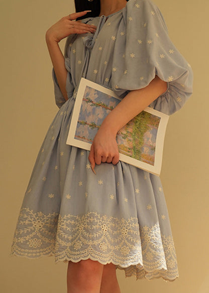 Blue Embroidered Patchwork Top and Skirts Two Pieces Set Lantern Sleeve