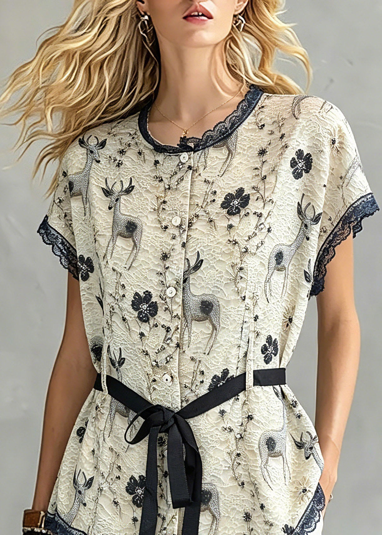 Khaki Lace Patchwork Tie Waist Silk Tops Short Sleeve