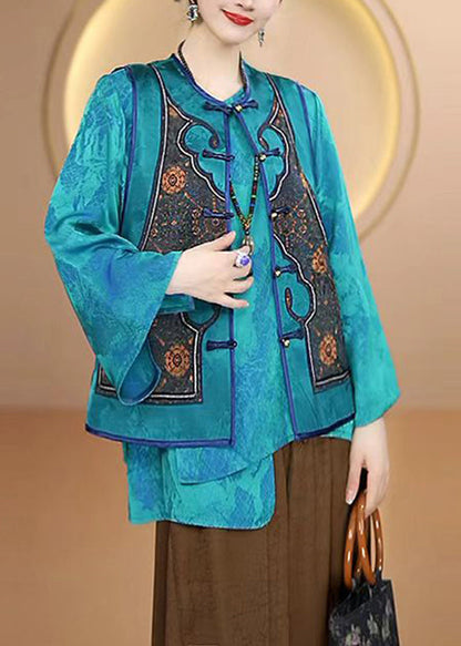 Blue O Neck Oriental Button Silk Vest Sleeveless