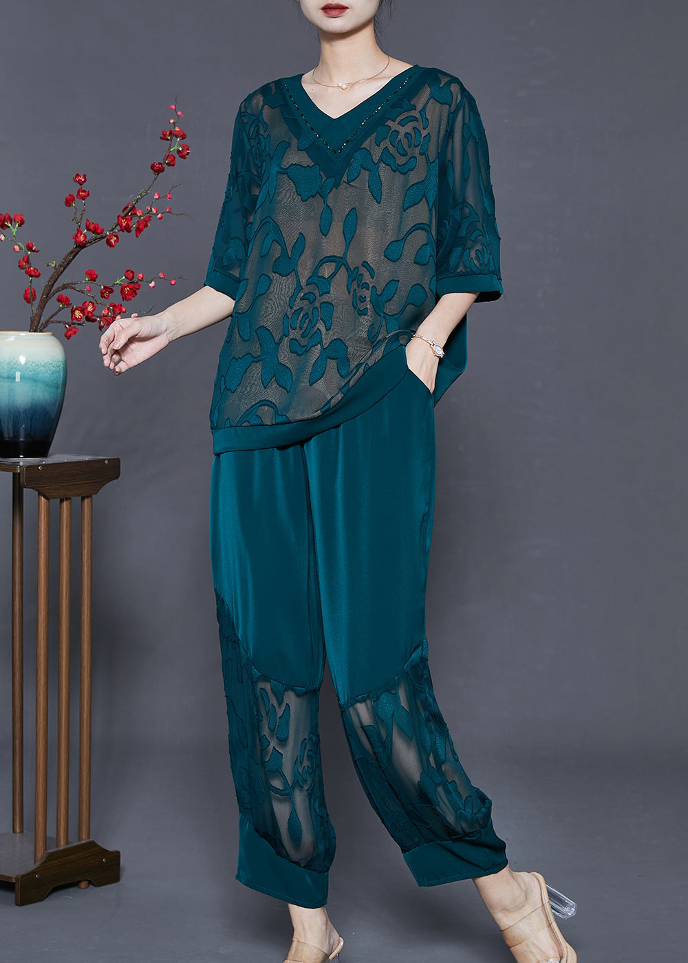 Dull Green Oversized Patchwork Silk Two Piece Set Summer