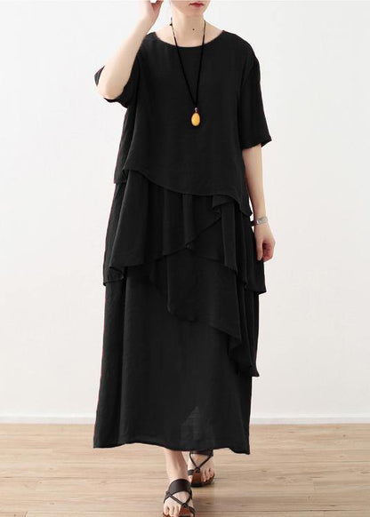 French Red Asymmetrical Design Patchwork Cotton Linen Dress