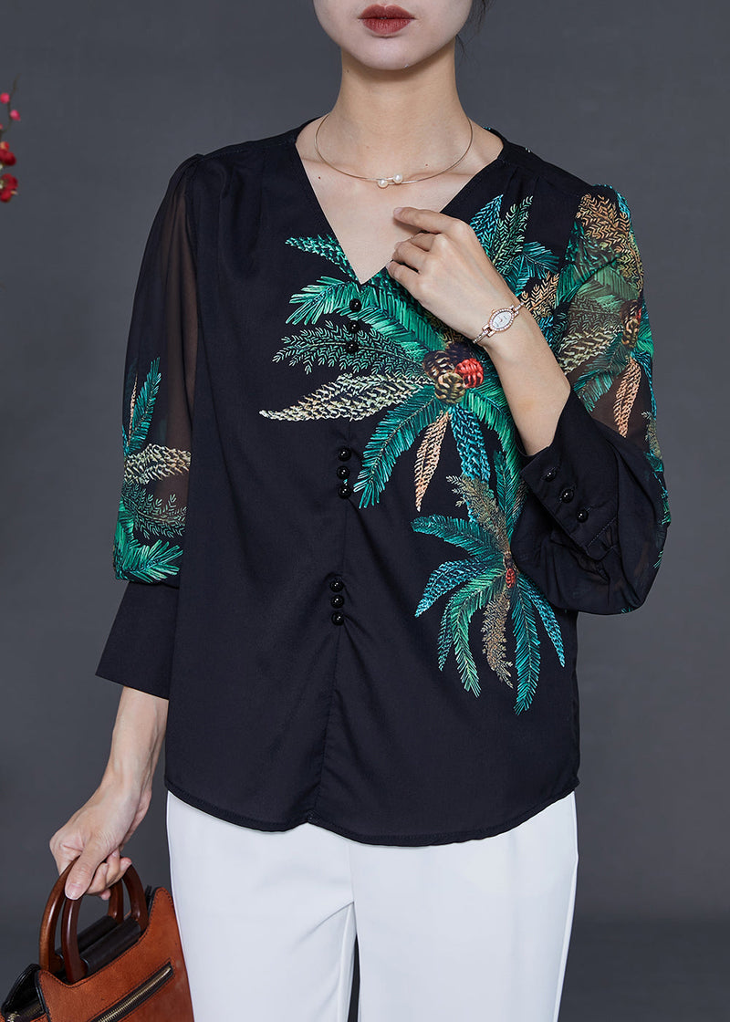 Black V Neck Leaf Print Chiffon Blouses Summer