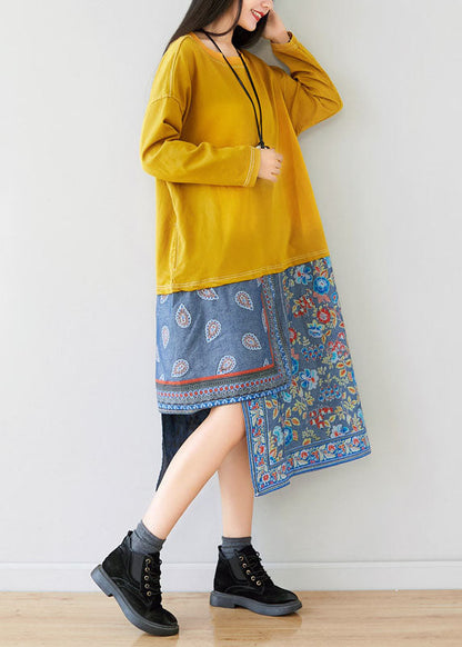 Loose Yellow O-neck Asymmetrical Sweatshirt Dresses Spring