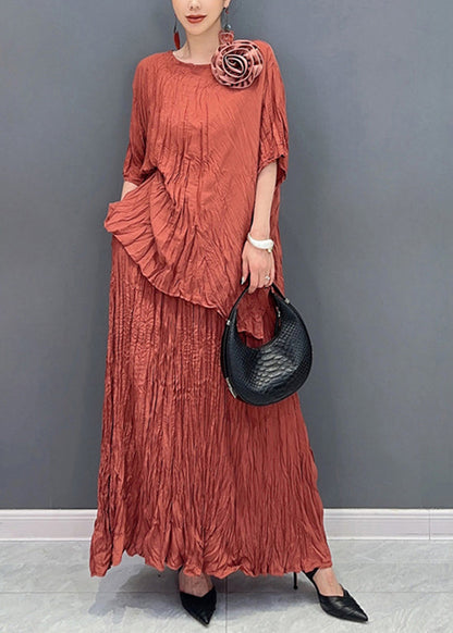 Classy Orange O-neck Wrinkled Top and Skirts Two Pieces Set Summer