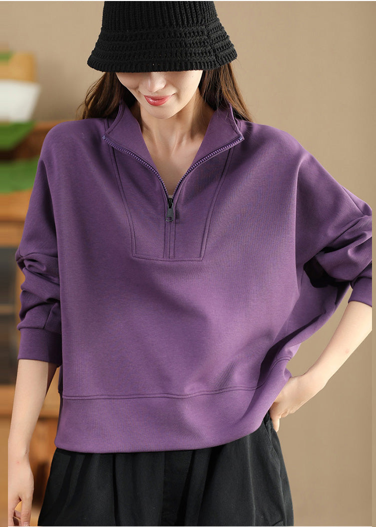 Purple Zip Up Cotton Pullover Spring