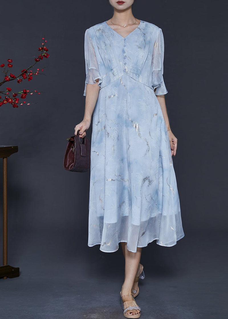 Unique Sky Blue Sequins Wrinkled Jacquard Chiffon Dress Summer