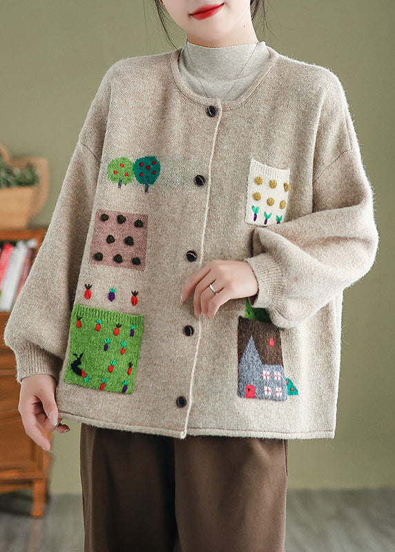 Apricot O Neck Pockets Button Knit Cardigans Coat Fall