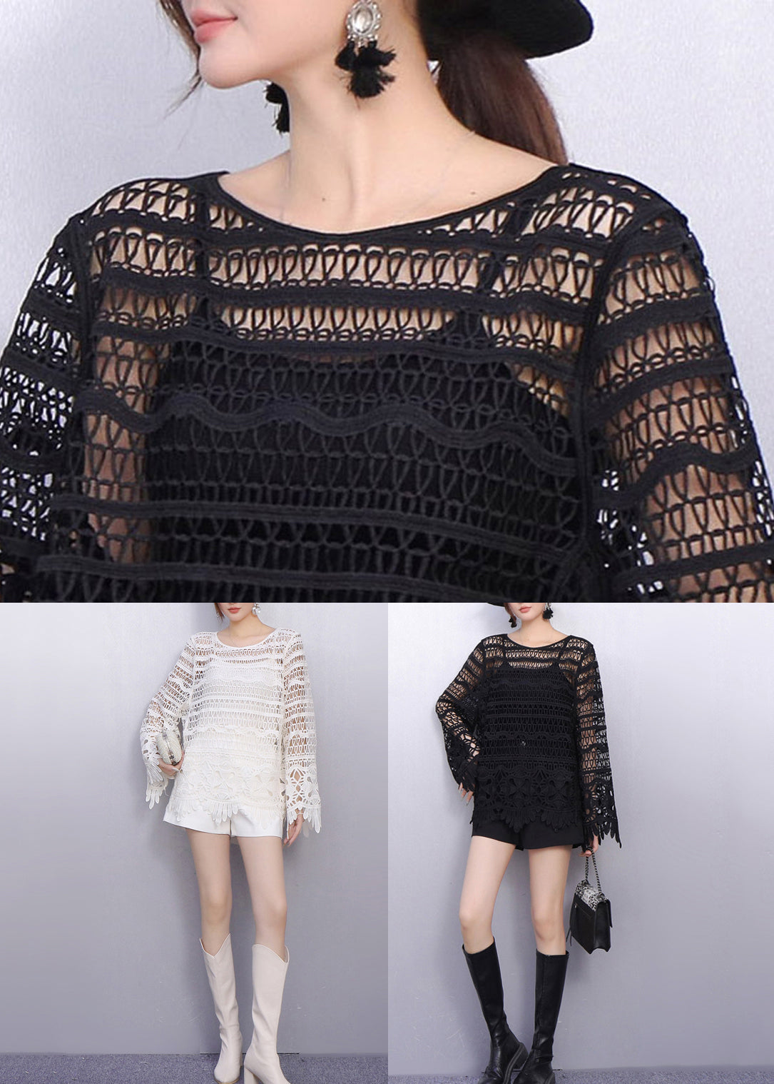 All Black Look Hollow Out Lace T Shirt Fall