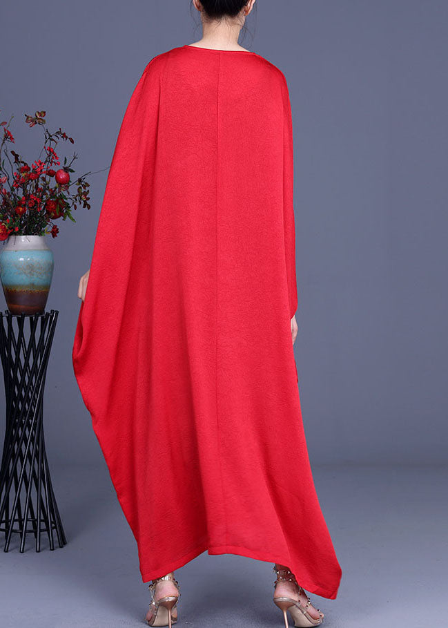 Red Bat Wing Sleeve Silk Maxi Dress V Neck Spring