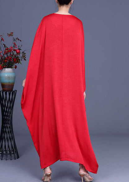 Red Bat Wing Sleeve Silk Maxi Dress V Neck Spring