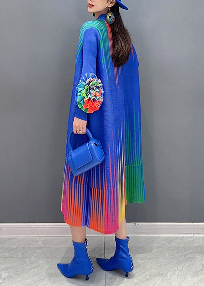 Blue Print Wrinkled Cotton Long Dresses O Neck Spring