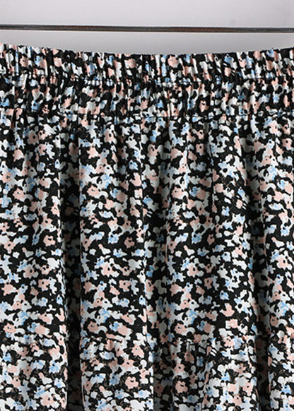 Simple Green Patchwork Elastic Waist Print a Line Skirt Fall