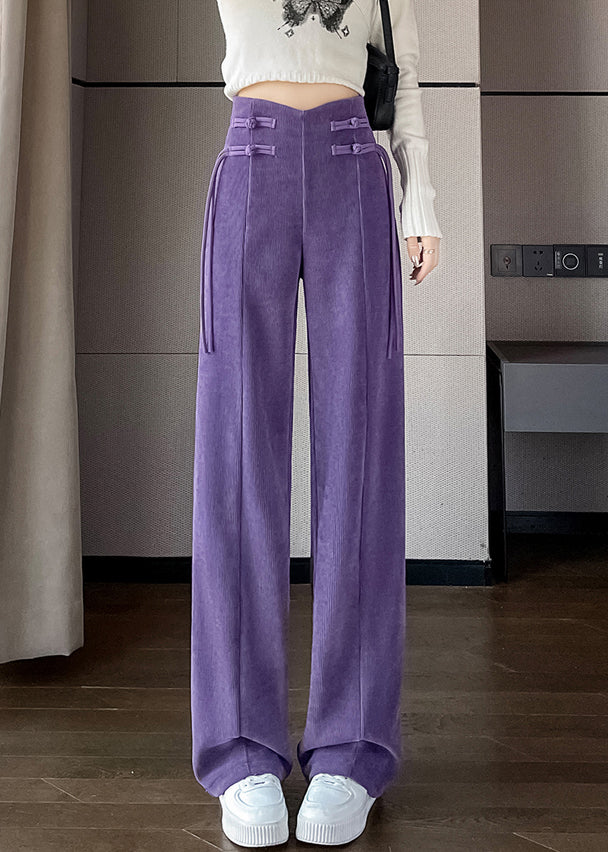 Purple Button Corduroy Pants Elastic Waist Spring