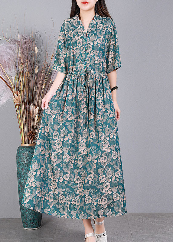 Green V Neck Drawstring Print Silk Long Dress Short Sleeve