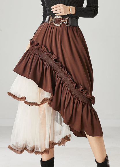 Brown Asymmetrical Patchwork Ruffled Tulle Skirts Spring