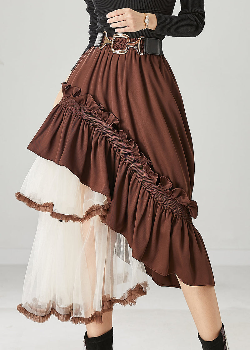 Brown Asymmetrical Patchwork Ruffled Tulle Skirts Spring