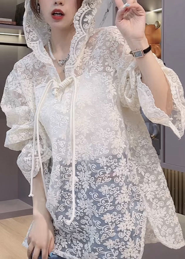 Brief Beige Embroideried Button Hooded Upf 50+ Coat Jacket Summer